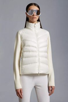 White Padded Wool Cardigan - Sweaters & Cardigans for Women | Moncler US Luxury White Outerwear With Ribbed Cuffs, Luxury White Winter Cardigan, Luxury White Winter Sweater, Cardigan Sweaters, Presents For Men, Wool Vest, Knit Sleeve, White Cardigan, Pink Beige