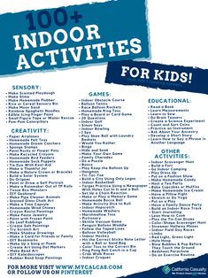 a blue and white poster with words that say, 100 indoor activities for kids '