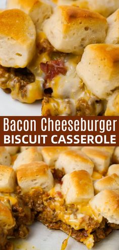 bacon cheeseburger biscuit casserole on a white plate with text overlay