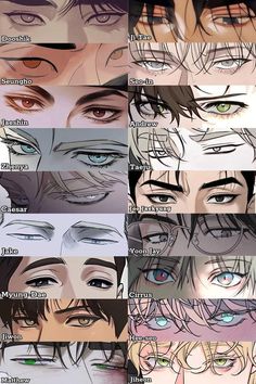 many different types of eyes and hair are shown in this drawing style, with the same color