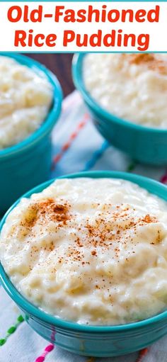 old - fashioned rice pudding in blue bowls with cinnamon sprinkles on top