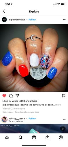 Patriotic Nails Design, Sns Nails Colors, Patriotic Nails, Sassy Nails, Colorful Nail, 4th Of July Nails, July Nails