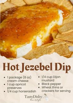 a hot jezebee dip is shown with chips on the side and in a paper wrapper