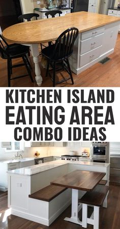 kitchen island eating area combo with table and chairs in the middle, next to an image of