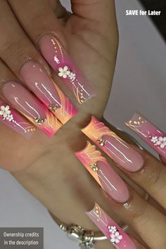 Acrylic Nails Summer Flowers, Long Acrylic Nail Designs Summer, Dramatic Summer Nails, Summer Nails Long Acrylic, Boujee Summer Nails, Nail Inspo Summer Design, Long Summer Nails Designs, Summer Xl Nails, Summer Long Square Nails