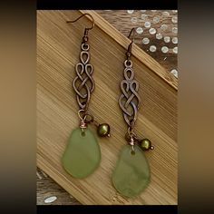 New Burnished Copper Celtic Knot Green Baroque Pearl & Sea Glass Earrings With French Wire Hooks. Earrings Are 3 1/3 Inches Long. Wire Wrapped Sea Glass Jewelry, Celtic Wire Jewelry, Sea Glass Earrings, Wrap Jewelry, French Wire, Sea Glass Jewelry, Glass Earrings, Celtic Knot, Baroque Pearls