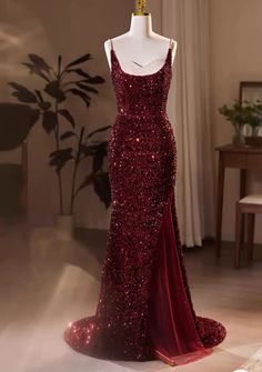 Wine Red Sequins Mermaid Long Formal Dress, Wine Red Evening Dress Party DressMaterial:sequinColor:As shown in figure color or custom colorBack details:lace-upDress type:bodyconneckline:spaghetti strapStyle:luxury&ltp&gtFeatures:shiny&lt/p&gt&ltbr/&gt&ltp&gtThis dress could be custom made, there are no extra cost to do custom size and color.&lt/p&gt&ltbr/&gt&ltp&gt1, If the color is customized, please note the color & card number.&lt/p&gt&ltbr/&gt&ltp&gt2,You can choose standard size or custom s Red Mermaid Dress For Party, Red Fishtail Mermaid Dress For Party, Fitted Red Mermaid Dress For Party Season, Red Sleeveless Mermaid Dress With Sweep Train, Red Mermaid Hem Evening Dress For Party, Red Mermaid Dress With Mermaid Hem For Prom, Fitted Mermaid Dress With Sweep Train For Red Carpet, Red Fishtail Banquet Dress, Red Fitted Mermaid Evening Dress