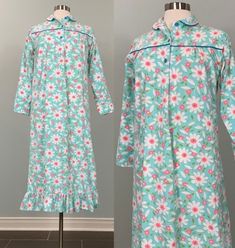 B E S T  F I T S  Suggested Size: Up to Size 4/6  Please check measurements below to ensure the best possible fit.    D  E  S  C  R I  P  T  I  O  N    *Light blue, white, pink, and green flannel night gown  *Floral pattern  *Ruffle hemline  *Peter pan collar  *Full construction  *Pullover that buttons at neckline  *There is no stretch to the fabric   *Mid-calf length  *Loose fit  *Estimated era: 1960s - 1970s    D  E  T  A  I  L  S    * Fabric: 100% Cotton  * Care: Machine Wash  * Marked Size: Medium  * Maker's Label: 20th Century Wear     M  E  A  S  U  R  E  M  E  N  T  S    (Measurements are taken flat across the front, then doubled when appropriate.)  *Underarm to underarm: 36"  *Waist: Free  *Hips: Free  *Length: Top of shoulder to hemline: 46"  *Shoulder to shoulder: 16"  *Sleeve: 2 Vintage Blue Dress For Sleepover, Retro Nightgown For Sleepovers, Retro Long Sleeve Cotton Sleepwear, Vintage Nightgown For Sleepovers, Retro Cotton Sleepwear For Sleepover, Vintage Long Sleeve Nightgown For Pajama Party, Spring Retro Nightgown For Sleep, Retro Spring Sleepwear For Pajama Party, Retro Sleepwear For Spring Pajama Party