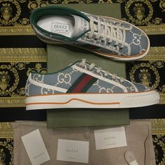 New With Box: A Brand-New, Unused, And Unworn Item (Including Handmade Items) In The Original Packaging (Such As The Original Box Or Bag) And/Or With The Original Tags Attached. Luxury Gucci Sneakers With Logo, Luxury Gucci Custom Sneakers With Logo, Designer Gucci Sneakers With Logo Print, Casual Custom Gucci Sneakers With Logo, Gucci Custom Low-top Sneakers With Logo Print, Blue Gucci Sneakers With Branded Insole, Blue Gucci Low-top Sneakers, Designer Blue Gucci Sneakers, Blue Low-top Gucci Sneakers