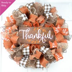 Thankful Buffalo Check Fall Thanksgiving Wreath | Orange White Brown - Pink Door Wreaths Thankful Wreath, Wreath For Fall, Fall Thanksgiving Wreaths, Thanksgiving 2020, Autumn Wreaths For Front Door, Hosting Thanksgiving, Fall Ribbons, Thanksgiving Wreaths, Handmade Wreaths