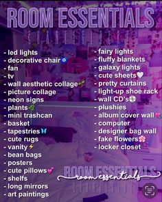 the room essentials list is shown in purple and pink colors, including bed sheets, pillows