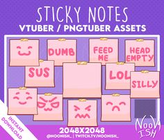 sticky notes with various empties on them and the words'sticky notes'in pink