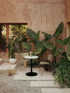 a table and chairs in front of some plants