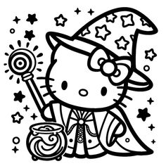 the hello kitty coloring page is shown in black and white, with stars around it