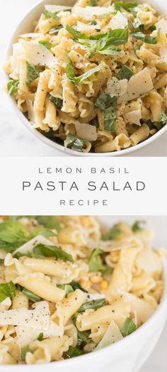 two pictures of pasta with basil and parmesan cheese