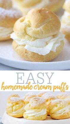 an easy homemade cream puffs recipe on a white plate with the title above it