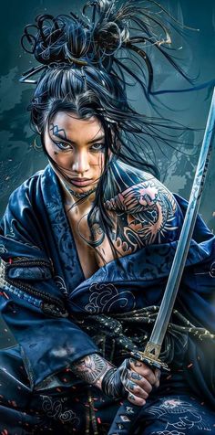 Девушка Chinese Woman Art, Japanese Geisha Drawing, Female Samurai Art, Female Swordsman, Guerriero Samurai, Female Warrior Tattoo, Japanese Art Samurai, Female Samurai, Warrior Concept Art