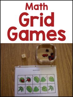 a wooden tray with leaves and ladybugs on it next to a printable math grid game