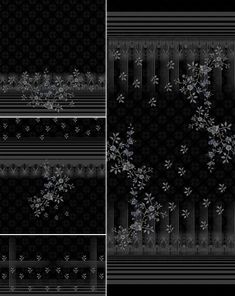 four different images of snowflakes on black and white paper with silver lines in the middle