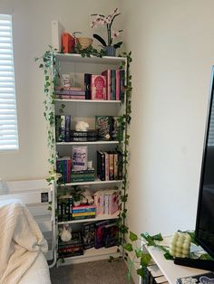 a book shelf filled with books next to a tv