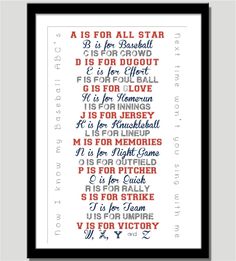 a framed print with the words for all star baseball teams and their names in red, white