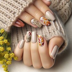 Falling Leaves Nail Art, Wheat Nails, Fall Nails Leaves, Fall Sunflower Nails, Autumnal Nails, Fall Nail Trends, Fancy Nails Designs, Short Nails Art, Fall Acrylic Nails