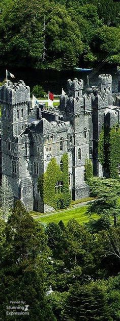 an old castle surrounded by lush green trees