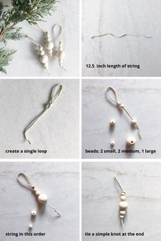 instructions to make beaded earrings with white beads and pearls on the end, along with string