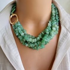 Elevate your style with this stunning Green Aventurine Beaded Necklace. Handmade with care, this exquisite piece of natural stone jewelry is a perfect addition to any outfit. This multi-strand layered necklace is a unique gift idea for her, showcasing the beautiful green hues of Aventurine stones. MAINTENANCE INSTRUCTIONS: To keep your necklace looking its best, avoid contact with perfumes, lotions and harsh chemicals. Store in a dry and cool place when not in use. DIMENSIONS: Length: 18 inches Chemical Beads Necklace, Aventurine Stones For Jewelry Making, Emerald Beads Jewellery, Handmade Jewelry Diy Necklaces, Necklaces With Stones, Necklaces Beads, Stone Jewelry Necklace, Aventurine Jewelry, White Pearl Jewelry