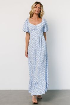 Make an appearance at Sunday brunch or garden parties with the Durban Maxi dress, crafted from flowy crepe chiffon with a charming dusty blue geometric pattern on an off-white backdrop. Featuring a wide sweetheart neckline, smocked back bodice, and lined balloon sleeves, it's both elegant and comfortable. Cute Blue Dresses, Blue Geometric Pattern, Max Dress, Blue Silk Dress, Baltic Born, Dress Dusty, Chiffon Material, Garden Parties, Velvet Fashion