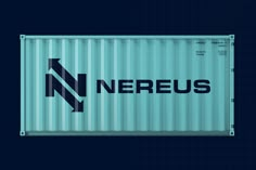 a blue shipping container with the word nereus written in black on it's side