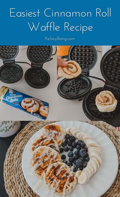 an easy cinnamon roll waffle recipe with blueberries, bananas and other breakfast foods