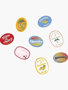 six different types of stickers on a white background, each with the same logo