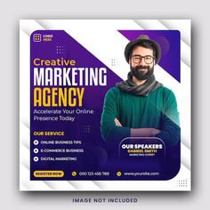 a purple and white flyer with a man in glasses on the front, texting creative marketing agency