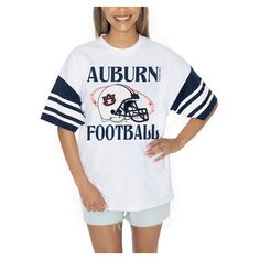 Showcase your Auburn Tigers pride in style with the Gameday Couture Starting Lineup Contrast Sporty Heritage Oversized T-Shirt. The oversized fit provides a trendy and relaxed look, making it perfect for game day or any casual occasion. Made from 100% cotton, this tee offers exceptional comfort and breathability, ensuring you stay cool and confident while cheering on the Auburn Tigers. Oversized School Spirit T-shirt With Letter Print, Oversized Fan Apparel Tops For Game Day, College Style Short Sleeve Tops For Game Day, Oversized Fall T-shirt For College, Oversized College Style T-shirt For Fall, Oversized Fall College Style T-shirt, Collegiate Relaxed Fit Tops For Football Season, White Oversized Tops For School Spirit, White Varsity T-shirt For Fall