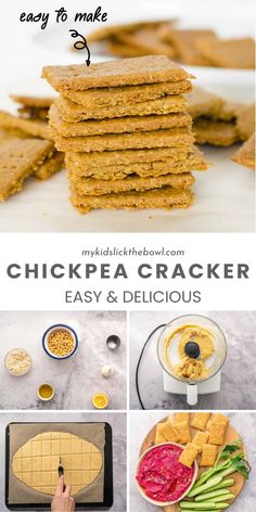 the steps to making chickpea cracker are shown in this collage with text overlay