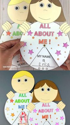 two children's paper crafts with the words all about me on them