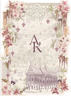 the letter r is surrounded by flowers and leaves in front of a building with an ornate frame