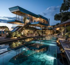 an outdoor swimming pool with stairs leading up to the top floor and glass railings