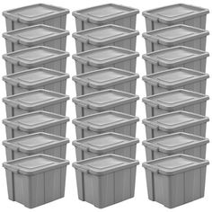 twelve plastic storage bins with lids on each side