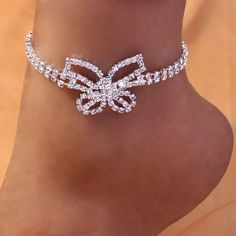 Summer Elegant Rhinestone Anklets, Crystal Anklets For Parties, Elegant Rhinestone Anklets For Party, Elegant Bling Anklets For Party, Elegant Party Anklets With Bling, Silver Ankle Wrap Bracelets For Party, Rhinestone Anklet, Butterfly Anklet, Big Butterfly