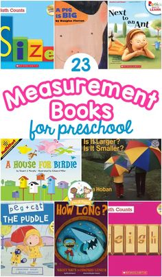 some books that are on display with the title, 23 measurement books for pre - school