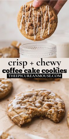 a cookie with icing being drizzled over it and the words crisp & chewy coffee cake cookies on top