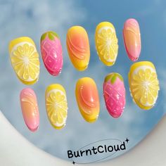 Welcome to BurntCloud Nails!  All the press on nails are handpainted by us, all photos are taken by us and show real products. (Actual colors may slightly vary due to photographic lighting sources and screen display differences.) We only use good quality materials, thus our press on nails are safe, exquisite, and durable. They are not rough machine-made pressons.  Message us if you are unsure about anything, and we will respond immediately once we see (up to 24 hrs).  Please confirm before ordering: 1. Choose Shape: available shapes for this design are listed in the "shape" option. 2. Choose Size: size guide is listed in pics attached. If preset sizes don't work for you, use the custom section to add a note on your size, for example: "L: 15, 10, 9, 10, 8. R: 15, 11, 9,11, 8." If you are no Pink Lemonade Nail Designs, 3d Fruit Nails, Fruit Nails Acrylic, Lemon Nails, Ongles Nails, Cute Fruit, Stick On Nails, Custom Hand Painted, Shape Design