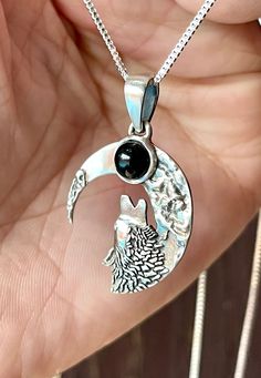 "Natural, black onyx, wild/moon, pendant necklace, set in oxidized, 925 sterling silver bezel setting, with 22\" inches long chain. Pendant included bail: 1.40\" x 0.90\" inches. Stone: 6mm." Symbolic Black Necklace With Moon Charm, Black Symbolic Moon Phase Necklace, Black Sterling Silver Moon Phase Necklace, Black Symbolic Jewelry With Moon Charm, Black Moon Sterling Silver Necklace, Black Moon Shaped Sterling Silver Necklaces, Black Moon-shaped Sterling Silver Necklace, Black Sterling Silver Moon Phase Jewelry, Black Sterling Silver Moon Necklaces