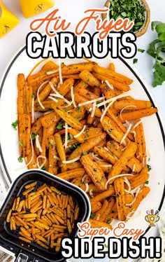 an image of carrots on a plate with side dish and garnishes