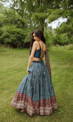 Drape Skirt With Blouse, Poses In Choli, Ajrakh Chaniya Choli, Chaniya Choli Designs Navratri, Printed Chaniya Choli, Blouse And Skirt Outfit, Cotton Lehenga Choli, Navaratri Chaniya Choli