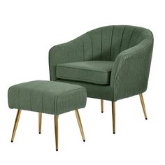 a green chair and ottoman with gold legs