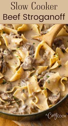 Beef Stroganoff in a pot with a wooden spoon Slow Cooker Beef Stroganoff, Slow Cooker Recipes Beef, Easy Crockpot Dinners, Beef Casserole Recipes, Crockpot Recipes Beef, Beef Recipes Easy, Beef Stroganoff