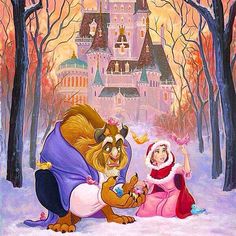 a painting of the beast and princess in front of a castle